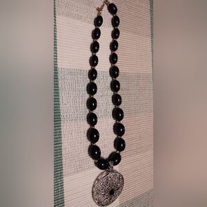 Monet Black Beaded Necklace with Silver Filigree Pendant